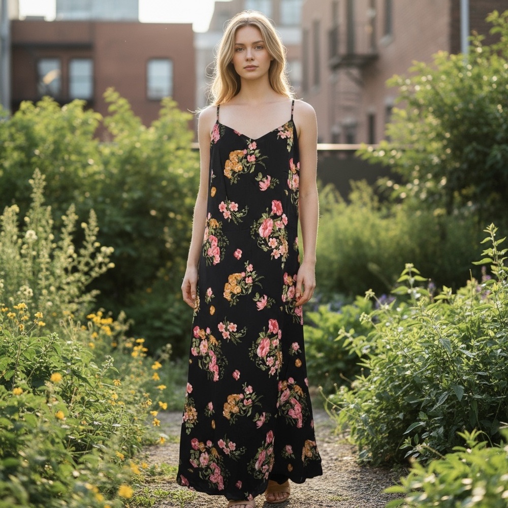 Reformation Black floral midi dress 90s boho whimsigoth dark romantic sz 12
